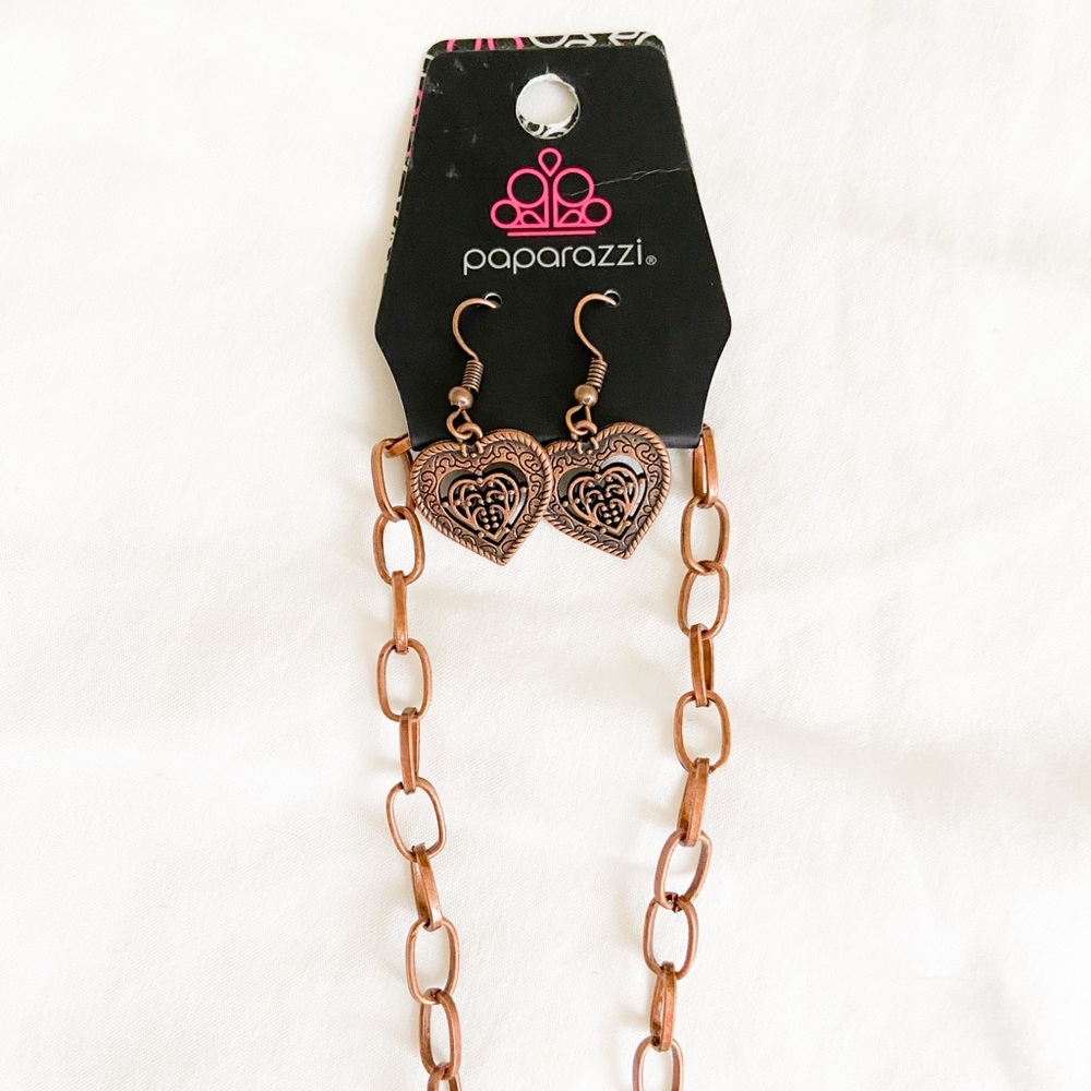 Paparazzi Brown Heart Earrings & Necklace - Picture 3 of 7